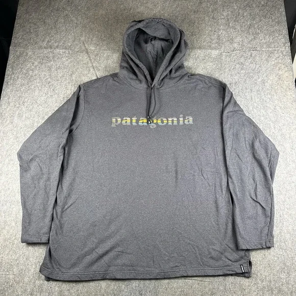 Patagonia Hoodie Men 3XL Gray Sweatshirt Pullover Wildrise Text Logo Recycled - Picture 2 of 10